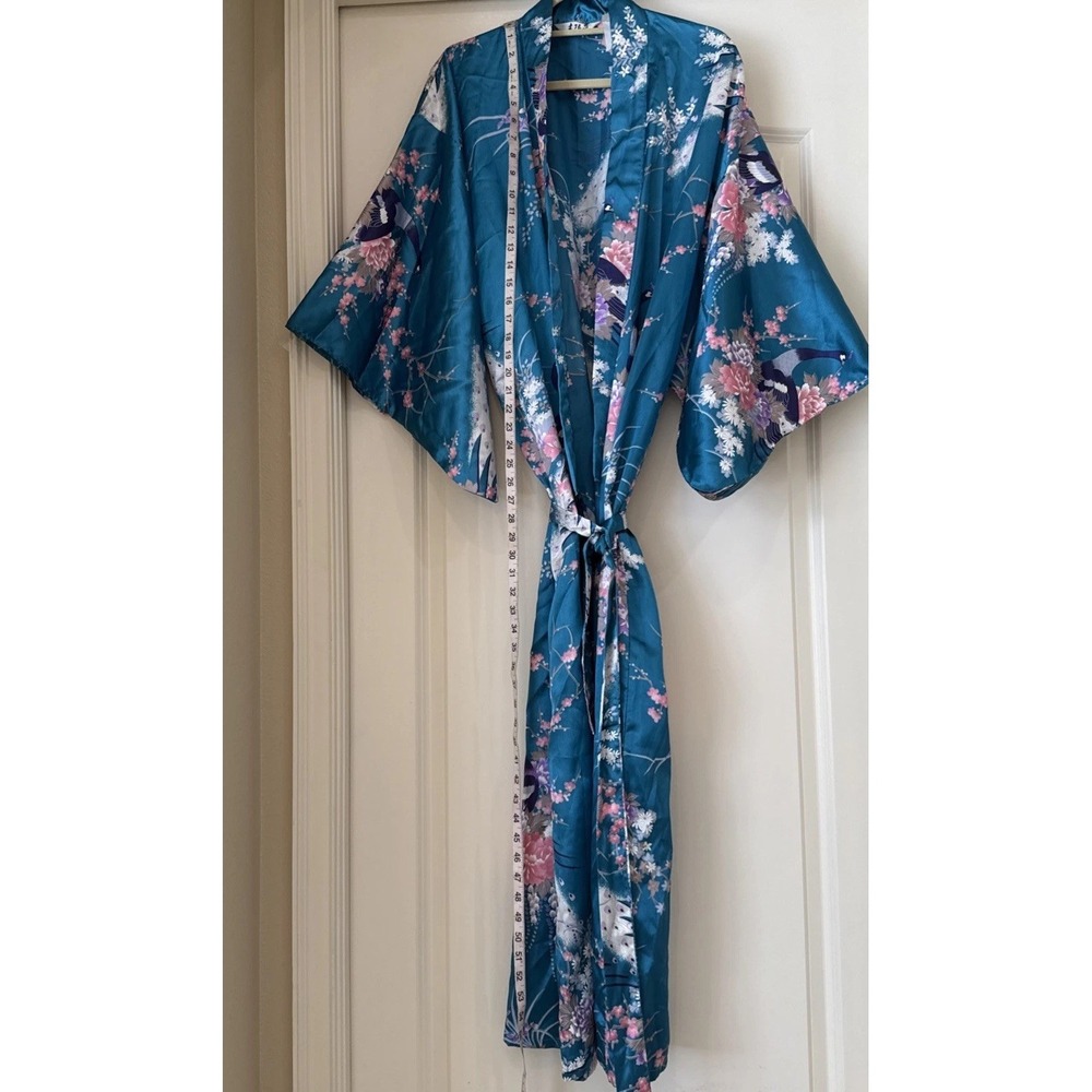 VTG Juguemm Japanese Saten Kimono Teal Floral Birds O/S Robe Art Boho Hippie - Picture 2 of 6